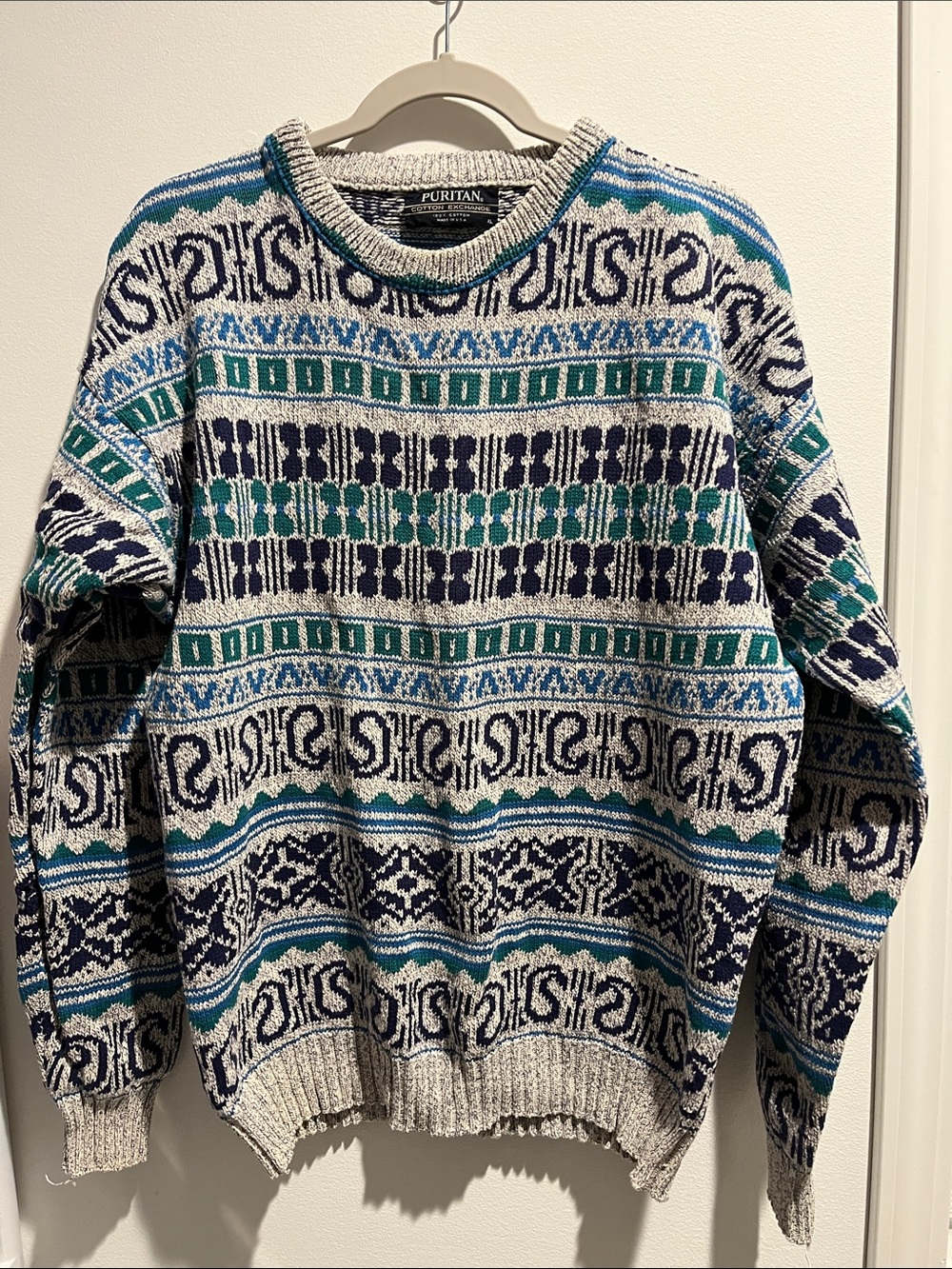 Vintage Sweater: Puritan Teal, Navy & Cream Geometric Men’s Crewneck